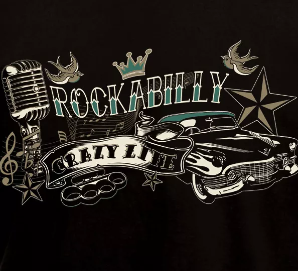 ROCKABILLY CRAZY LIFE Micro 60 s Rock n Roll Custom Cadillac Hot Rod T Shirt