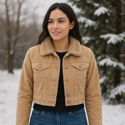 Y2K Clash Tan Corduroy Cropped Sherpa Collar Jacket   Size Large