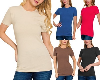 Women's Crew Neck Cotton T-shirt Short Sleeve Basic Plain Tee Soft Stretch Top