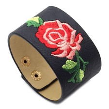 Punk Rock Flower Print Pattern Wristband Wide Leather Cuff Bracelet Beige 