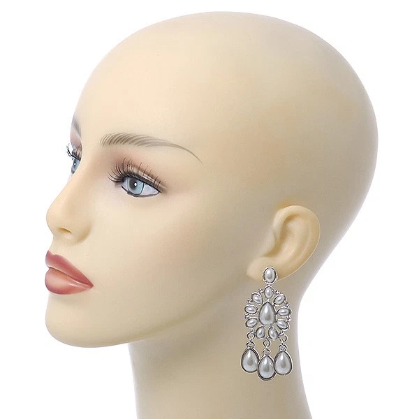 Pendientes de candelabro de perlas de vidrio para novia, boda, graduación en chapado en rodio - 60 mm Foto 3 de 4