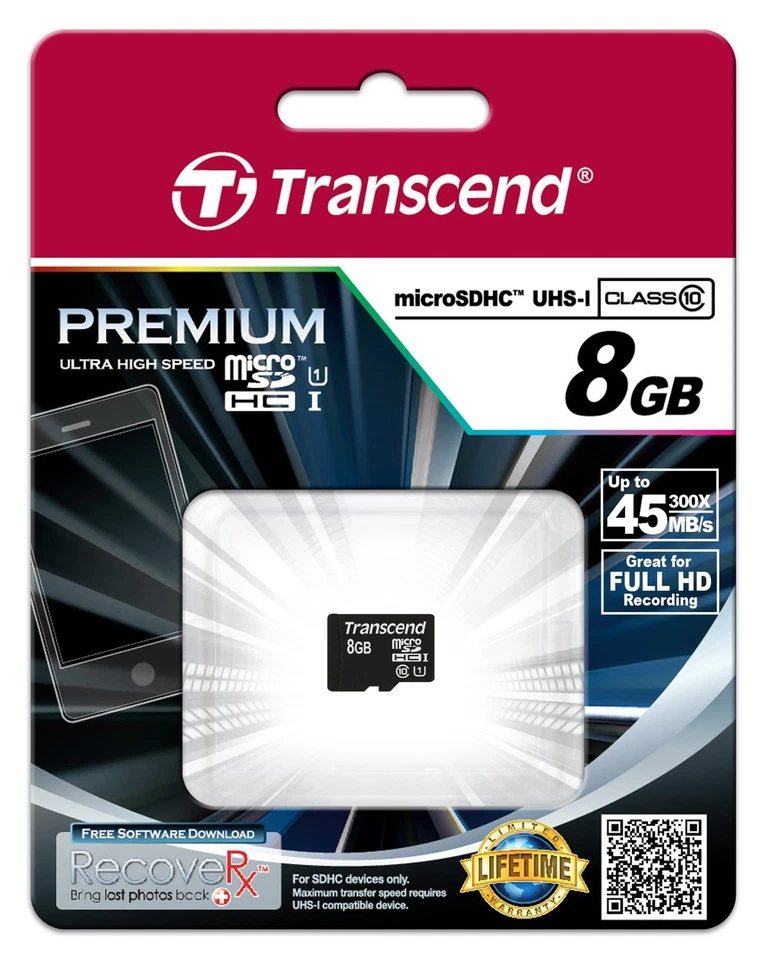 Transcend 8GB MicroSDHC UHS I Class 10 Memory Card Full HD Video Recording - Image 2 of 2