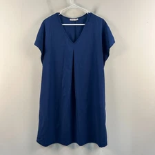 Oriane Womens Medium Dress Blue Woven V Neck Short Sleeve Pullover Pockets 13547