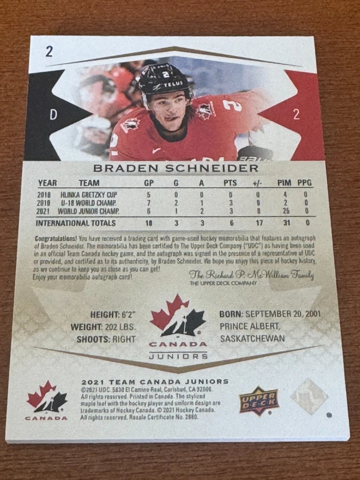 Braden Schneider 2021 UD Team Canada Premium Patch Auto /199 NY Rangers Beauty! - Image 3 of 3