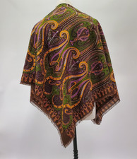 VTG Etro Style Square Paisley Scarf Green Purple, Brown Eyelash Fringe 42"x 43"