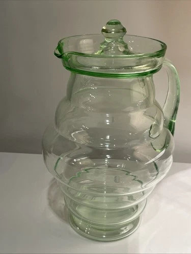 Vintage Vaseline Uranium Dunbar Ringed Green Depression Glass Pitcher with Lid