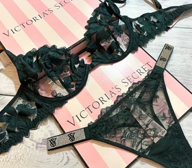 Victoria's Secret LUXE Unlined Embroidered Demi Bra Thong Set 2 pcs Green