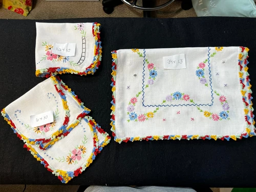 Lot of 4 Vintage Linen Embroidered Dresser Scarves w/ Colorful Crocheted Trim