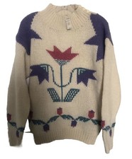 VTG Woolrich Women's Ivory Multi Floral Motif Mock Neck Sweater L 100 Wool NWT