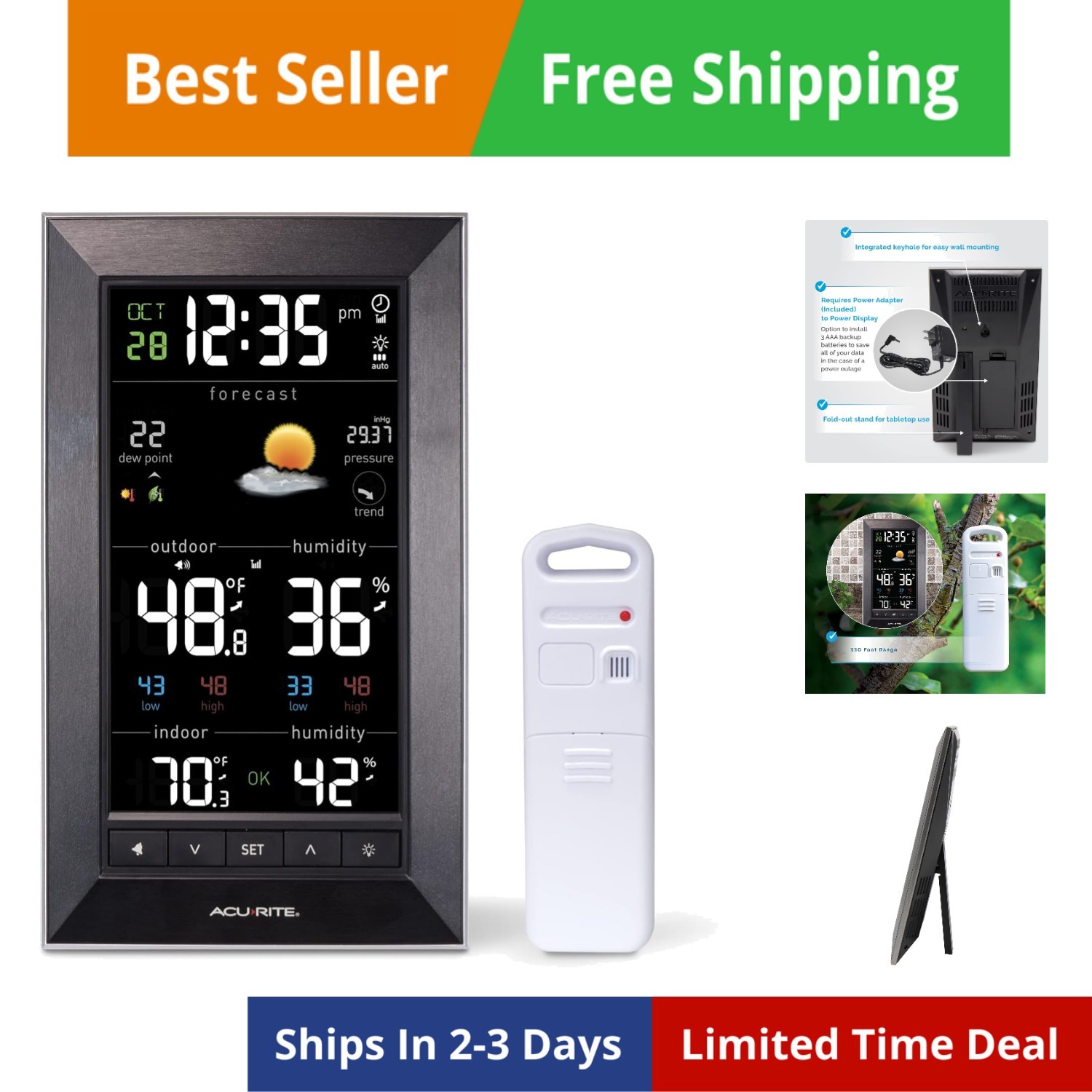 Digital Vertical Weather Forecaster with Indoor/Outdoor Temperature, Humidity...