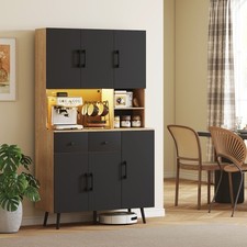 LED Tall Kitchen Cupboard, 6-Door Kitchen Storage Cabinet, Oak and Black