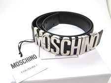 MOSCHINO Belt Classic Black Leather w/ SILVER Letters 8007-8001-3555 Sz. 44/90cm