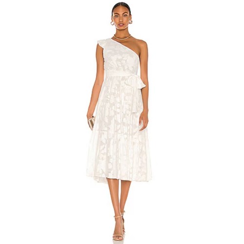 Karina Grimaldi Sandrine Jacquard One Shoulder White Midi Dress Size S