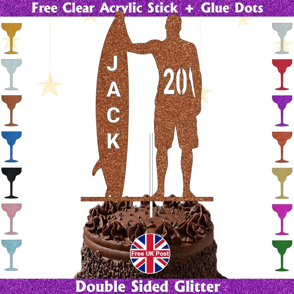 Surfing Birthday Glitter Cake Topper Personalised Surfer Dude with Surfboard - Image 2 of 4