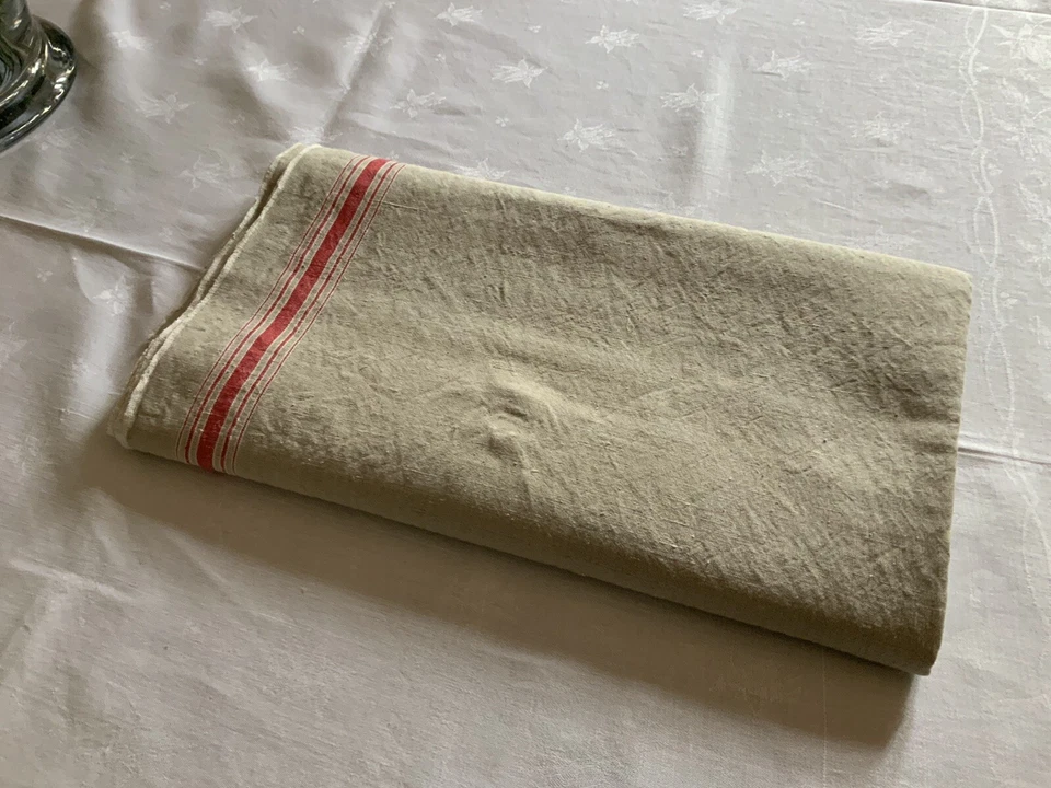 linge ancien Métrage De Tissu En Lin Bi Et Ligne Rouge Neuf Très Ancien - Photo 3/4