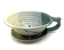 Studio Pottery Draining Dish Green Beige Signed