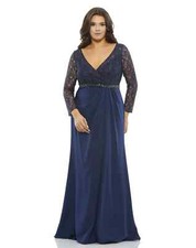 Mac Duggal Midnight Blue Long Sleeve Lace Bodice Beaded Belt Dress Size 22W $498
