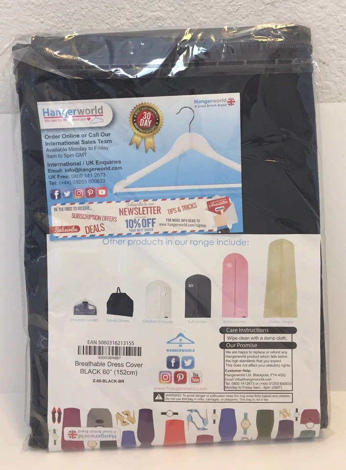 Funda de Vestido Transpirable con Cremallera Calidad Hangerworld 60" Largo Negra Foto 2 de 3