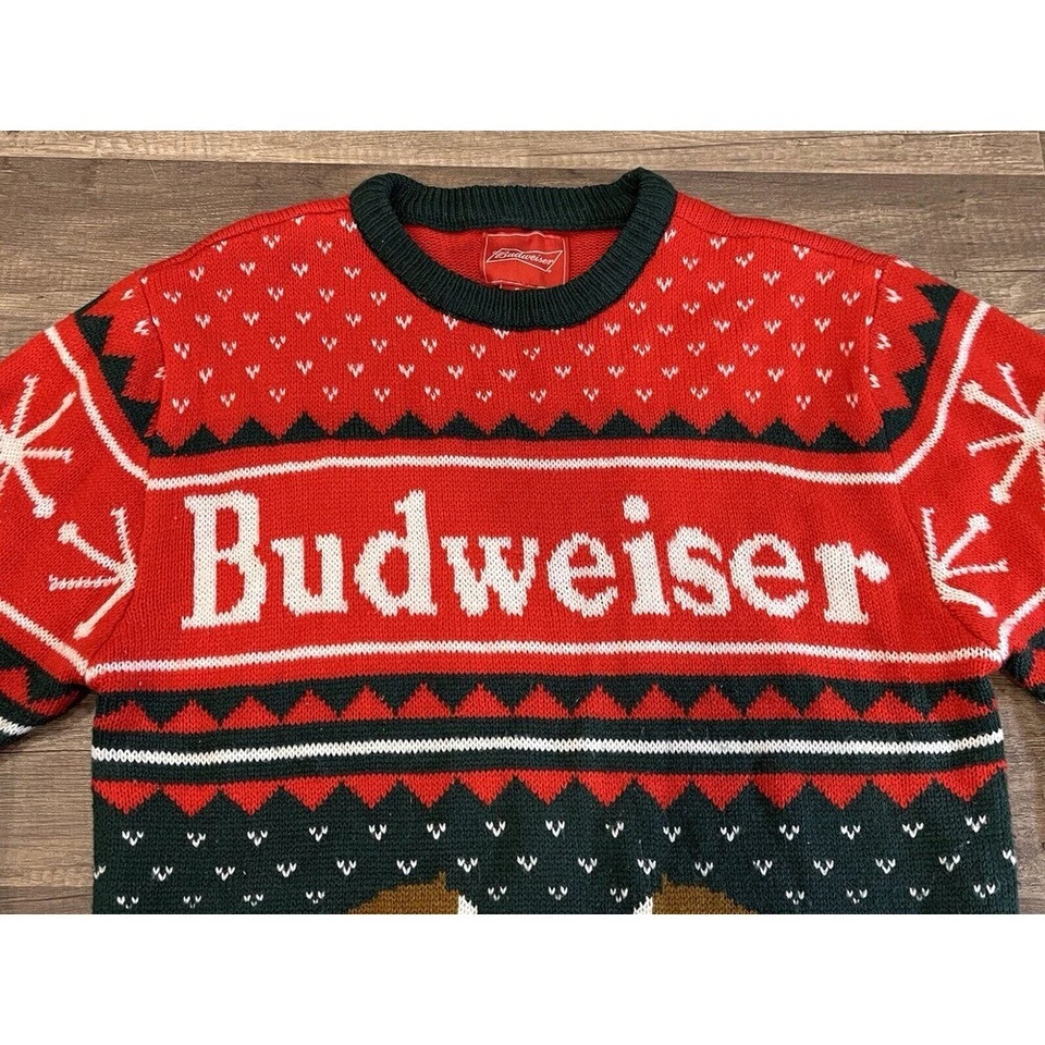 Suéter Budweiser Feo Navidad Alce Vacaciones Tejido Pullover Pequeño Foto 4 de 4