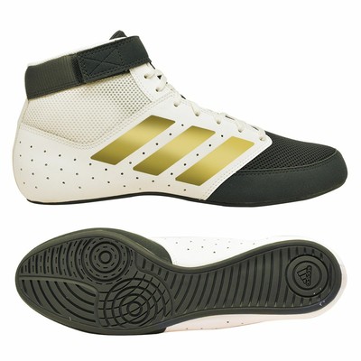 white and gold wrestling shoes