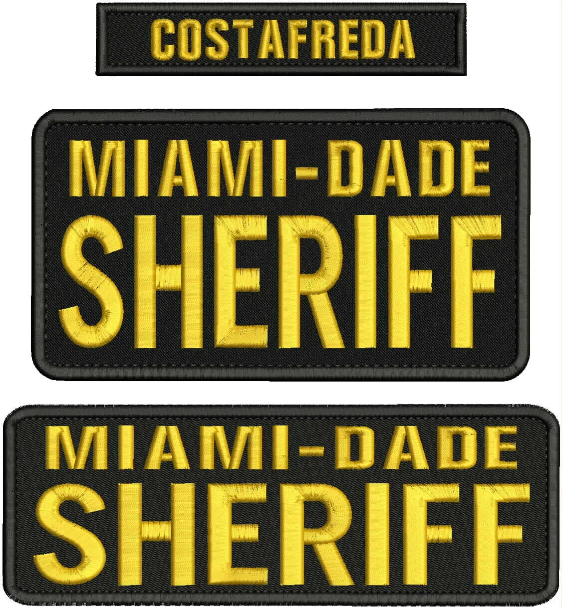 COSTAFREDA EMB patches 4x8''3x9 and 6x1'' VELCR@ ON BACK GOLD ON BLACK