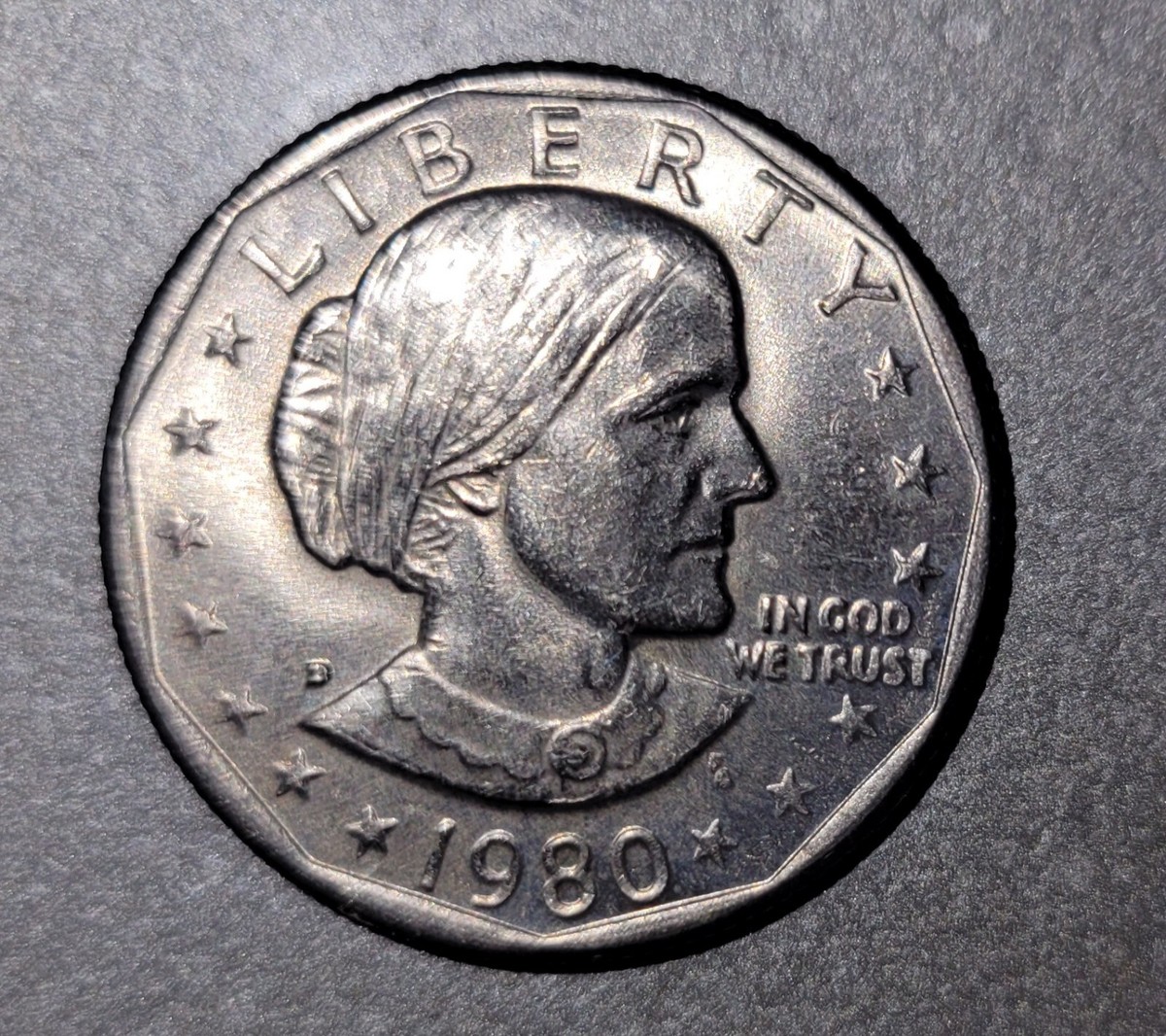1980 D Susan B Anthony One Dollar Wide Rim Error. FG Initials Rare
