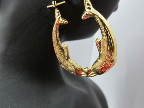 14k Solid Yellow Gold Dolphin Earrings Rare Vintage Beautiful Handmade 70s Circa - Picture 11 of 11
