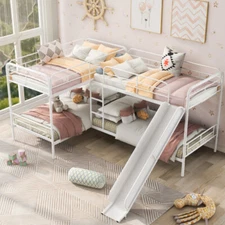 Heavy Duty Metal Bed Frame L-Shaped Triple Bunk Bed w/ Slide Mattress Foundation