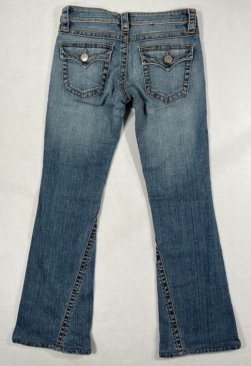 12345678 Jeans Twisted Hem Flared Low Rise Medium Wash Blue 12345678 Jeans Twisted Hem Flared Low Rise Medium Wash Blue