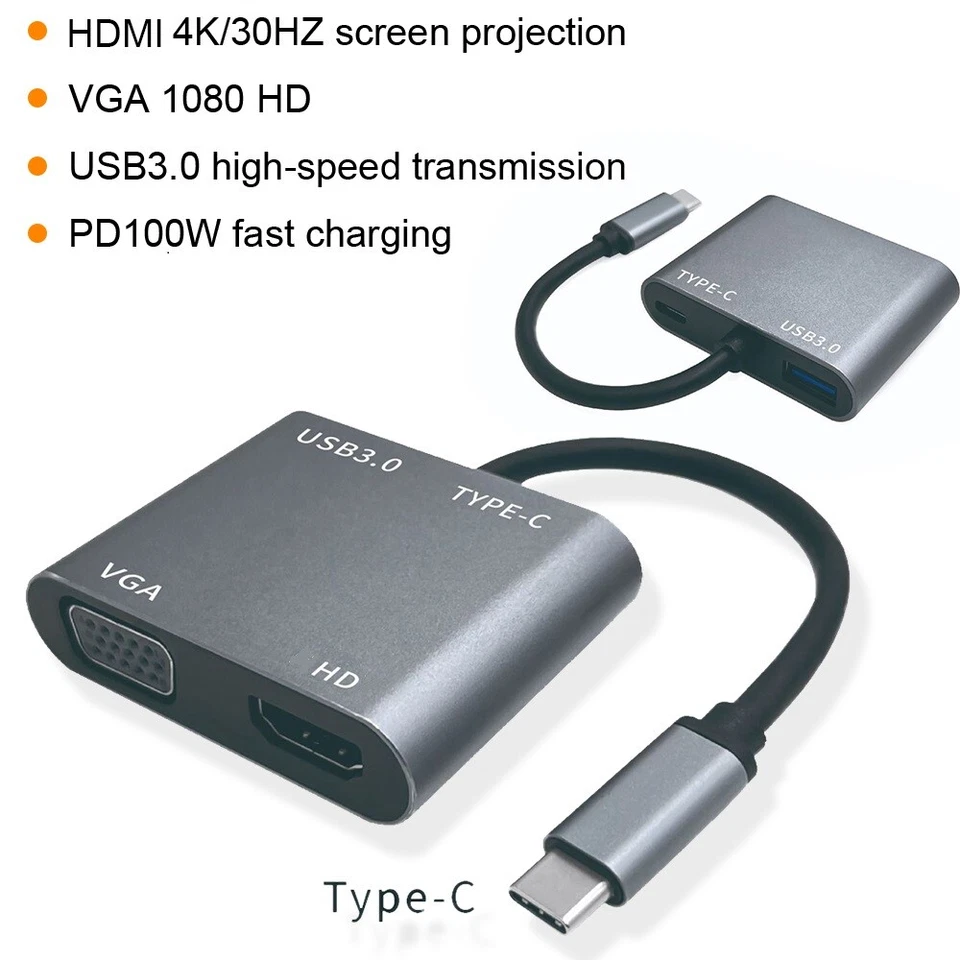 4 IN 1 USB C To HDMI 4K VGA Adapter USB 3.0 Type C to VGA HDMI Video Converter - Image 3 of 4