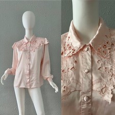 Vintage Light Pink Silky Liquid Satin Button Secretary Blouse Top M