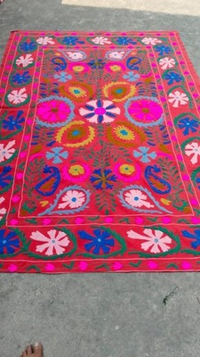 Vintage Suzani Embroidered Rug Wall Hanging Red Floral Handmade Boho Textile