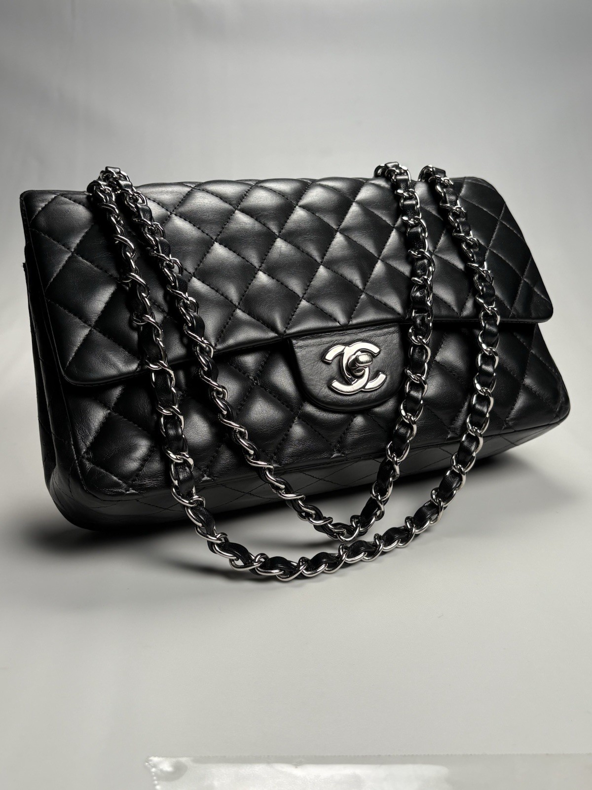 CHANEL Medium Black Classic Double Flap Bag Lambskin Leather Silver Hardware