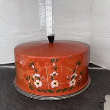  Hand Painted Aluminum Cake Carrier Server  Lid Vintage