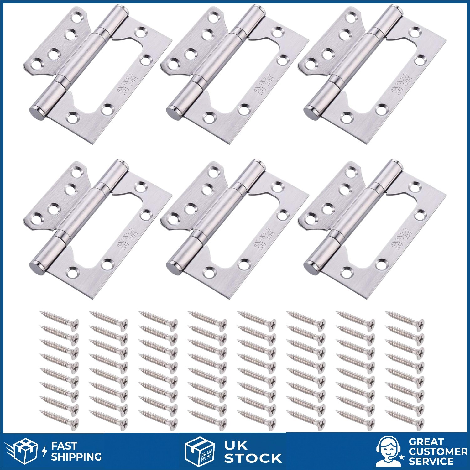 Smooth Silent Ball Bearing Flush Door Hinges 304 Stainless Steel 6Pc 105x72mm