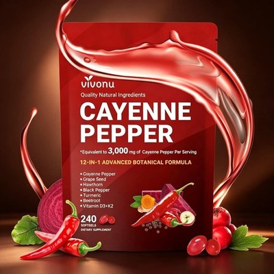 VivoNu Cayenne Pepper Softgels   240 Capsules for Circulation & Heart Health