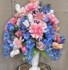 Cemetery Flowers Sympathy Grave Artificial Arrangement Pink Blue White Vase