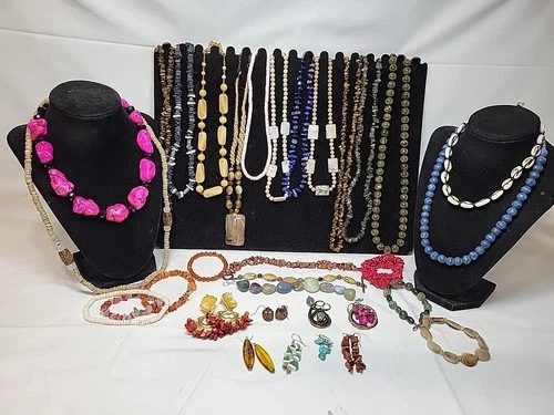 Vtg Now Stone Mixed Bulk Costume Jewelry Lot Necklaces Bracelets Earrings #991