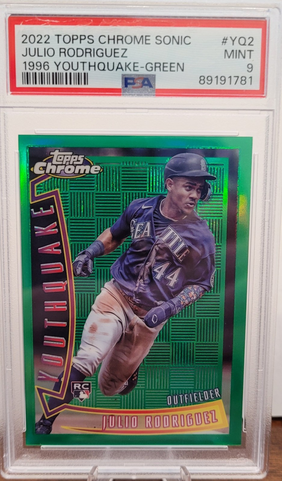 2022 Topps Chrome Sonic Julio Rodriguez Rookie Youthquake Green 88/99 PSA 9