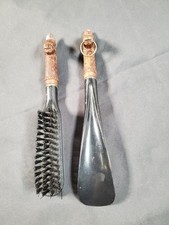 Vintage 1960's Horse Head Shoes Horn Horse Brush Set Made Japan Black Plastic