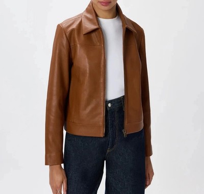Women's Brown Spread Collar Racer Motorcycle Biker Real Lambskin Leather Jacket
