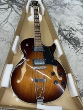Jazz Solid Hollow Body Electric Guitar, Tobacco Sunburst