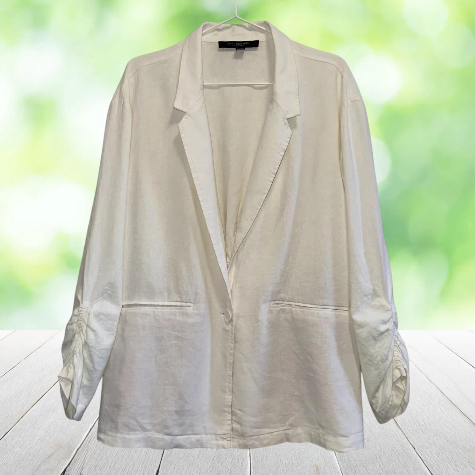 MARC NEW YORK Linen Blend Blazer Jacket White Ruched Sleeve Relaxed Womens XL
Opens in a new window