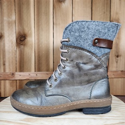 Rieker Felicitas Boots Womens 8.5 39 Gray Mid Calf Lace Up Side Zip Winter