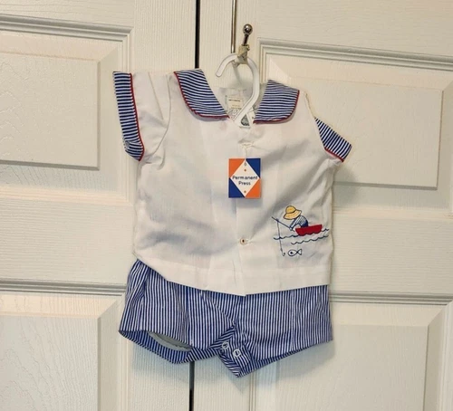 New Vtg Baby Boy Mothercare Blue White Striped Fishing Top Shorts Set Size 12 M