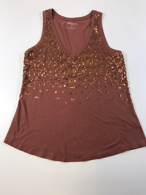 Express Women s Cotton Brown Sequence Detail Sleeveless Round Neck Easy Tank M