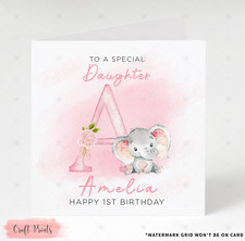 Personalised Cute Elephant Inital Birthday Card Niece Daughter Granddaughter 