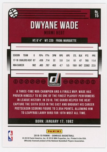 Tarjeta de baloncesto Dwayne Wade 201-19 Panini Donruss #15, láser holográfico naranja de la NBA - Imagen 2 de 2