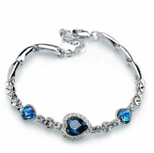Hot Fashion Women Girls Blue Crystal Jewelry Silver Plated Charm Bracelet Bangle