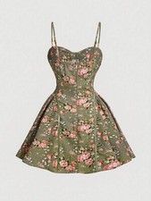 SHEIN MOD Plus Size Women's 0XL Vintage Green Floral Print Cami Dress With Bust